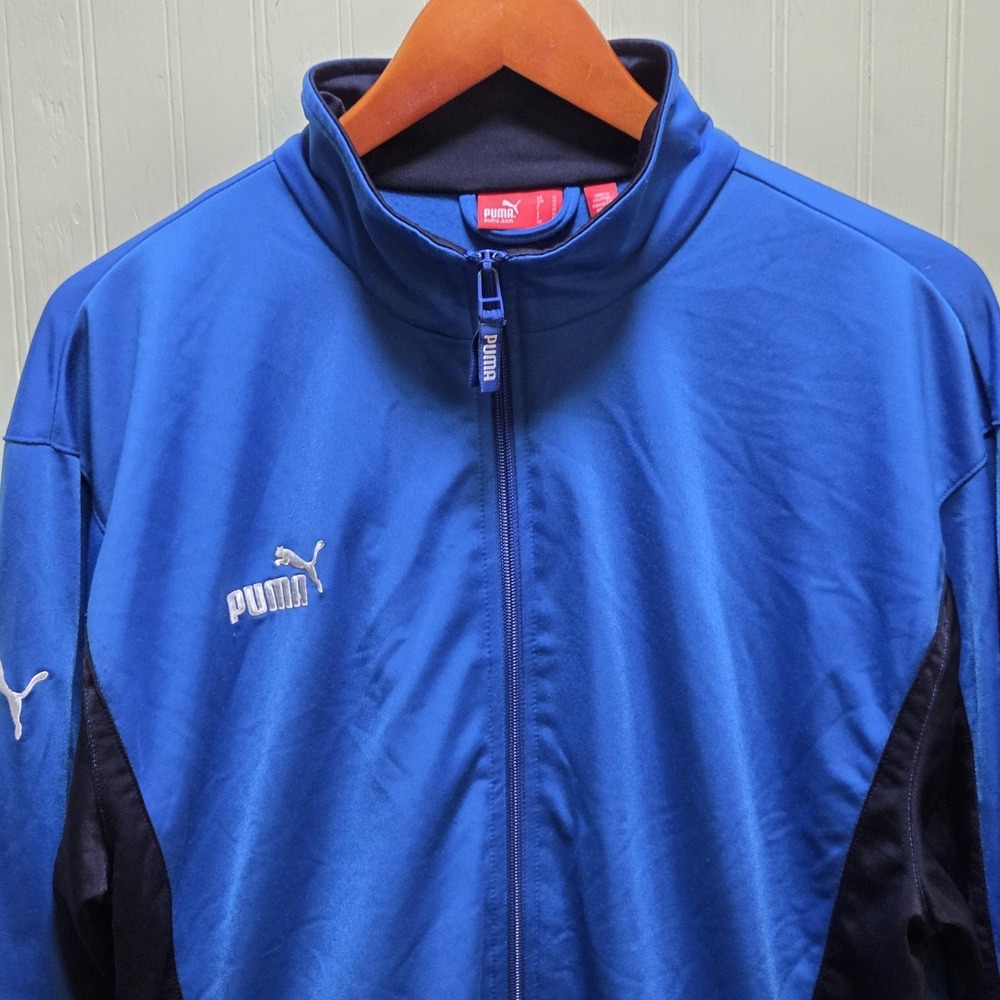 PUMA Track Jacket Mens Medium Blue Black Full Zip Stand Collar Logo Colorblock
